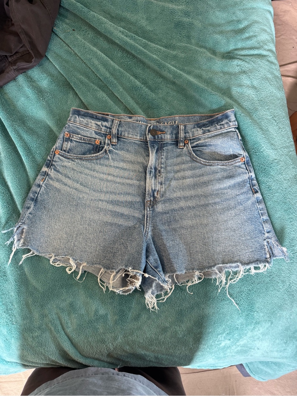 American Eagle Distressed High-Rise Denim Shorts in Light Blue